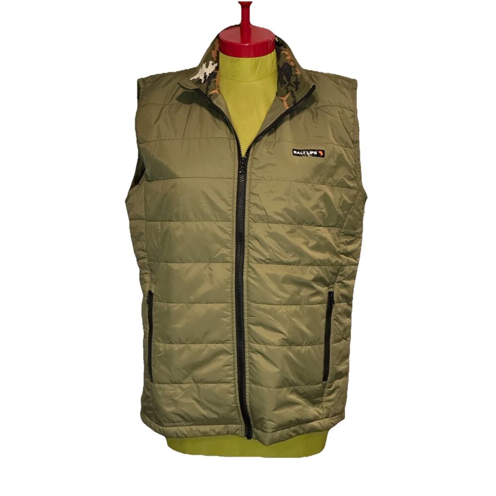 Salt Life Ocean Trekker Vest Olive Green - Camo Collar Detail Mens Small